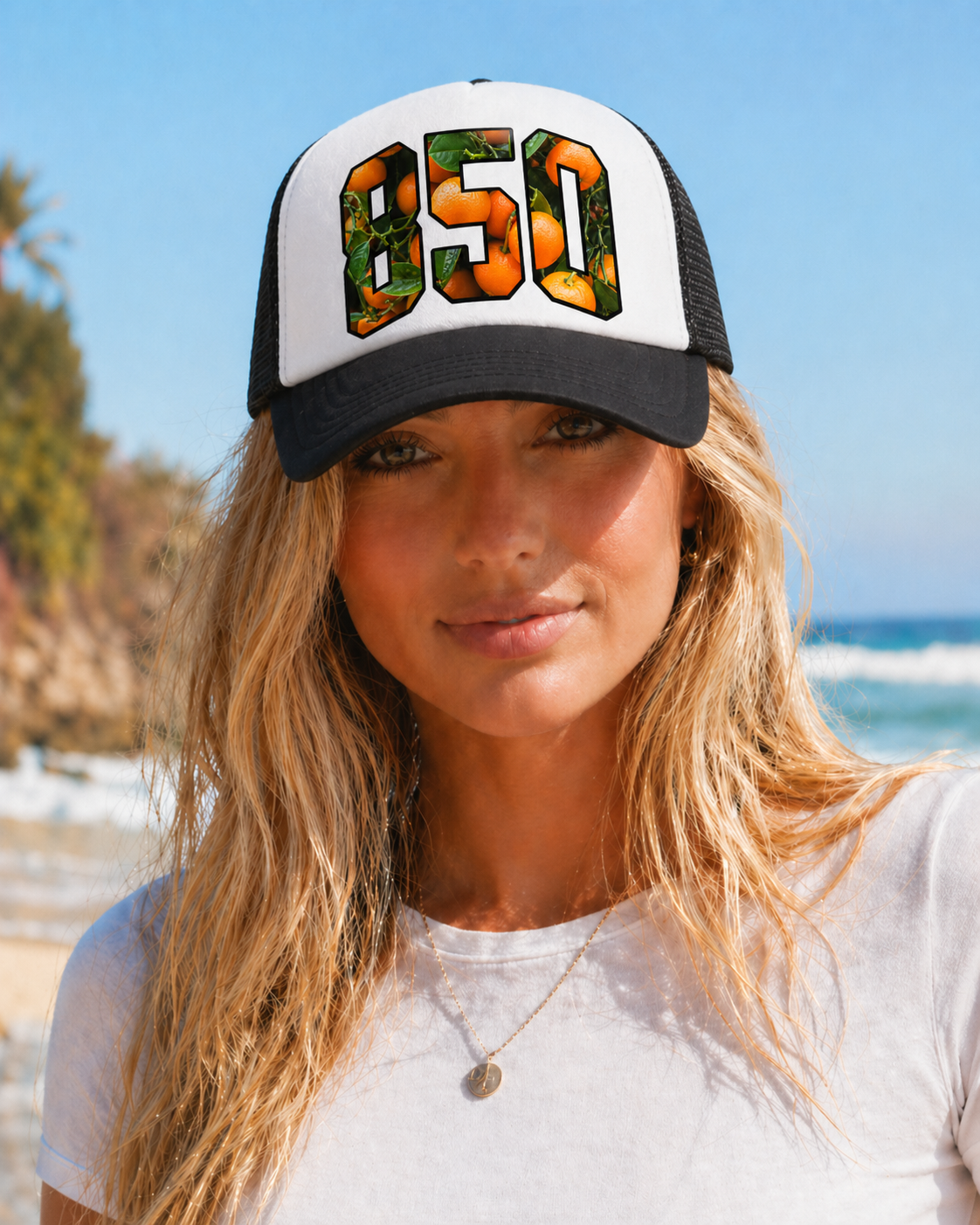 850 ORANGES BLACK AND WHITE TRUCKER HAT