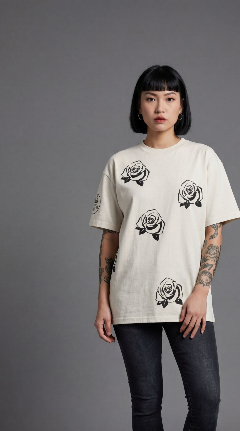BLACK ROSE,  WHITE GRAPHIC TEE