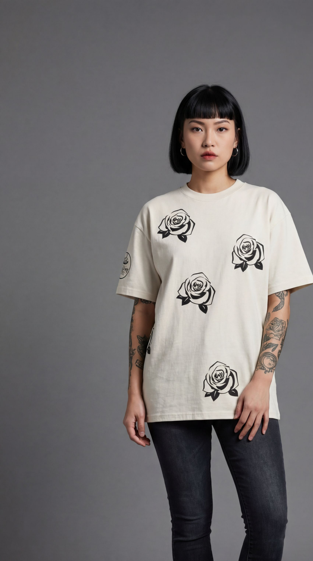 BLACK ROSE,  WHITE GRAPHIC TEE