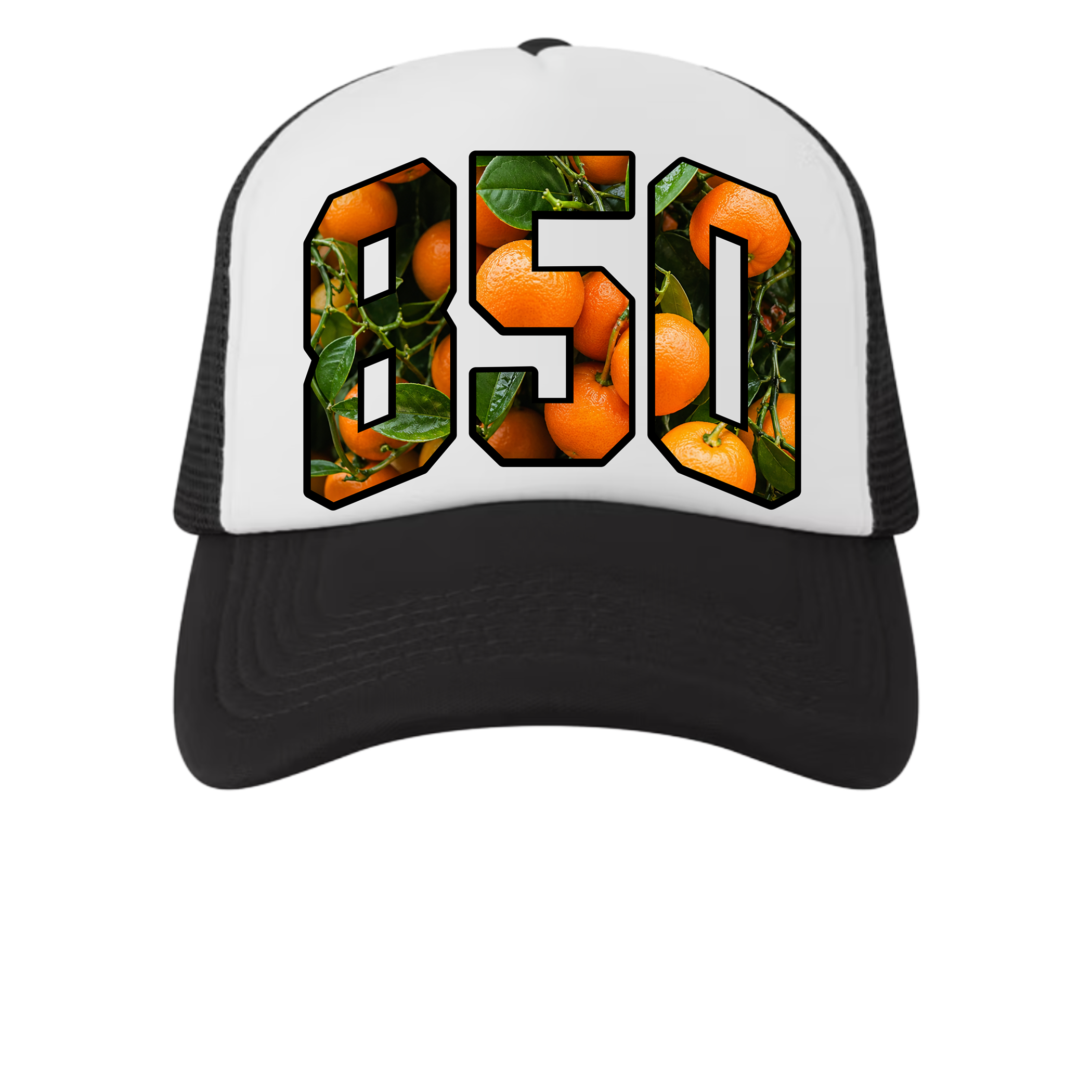 850 ORANGES BLACK AND WHITE TRUCKER HAT