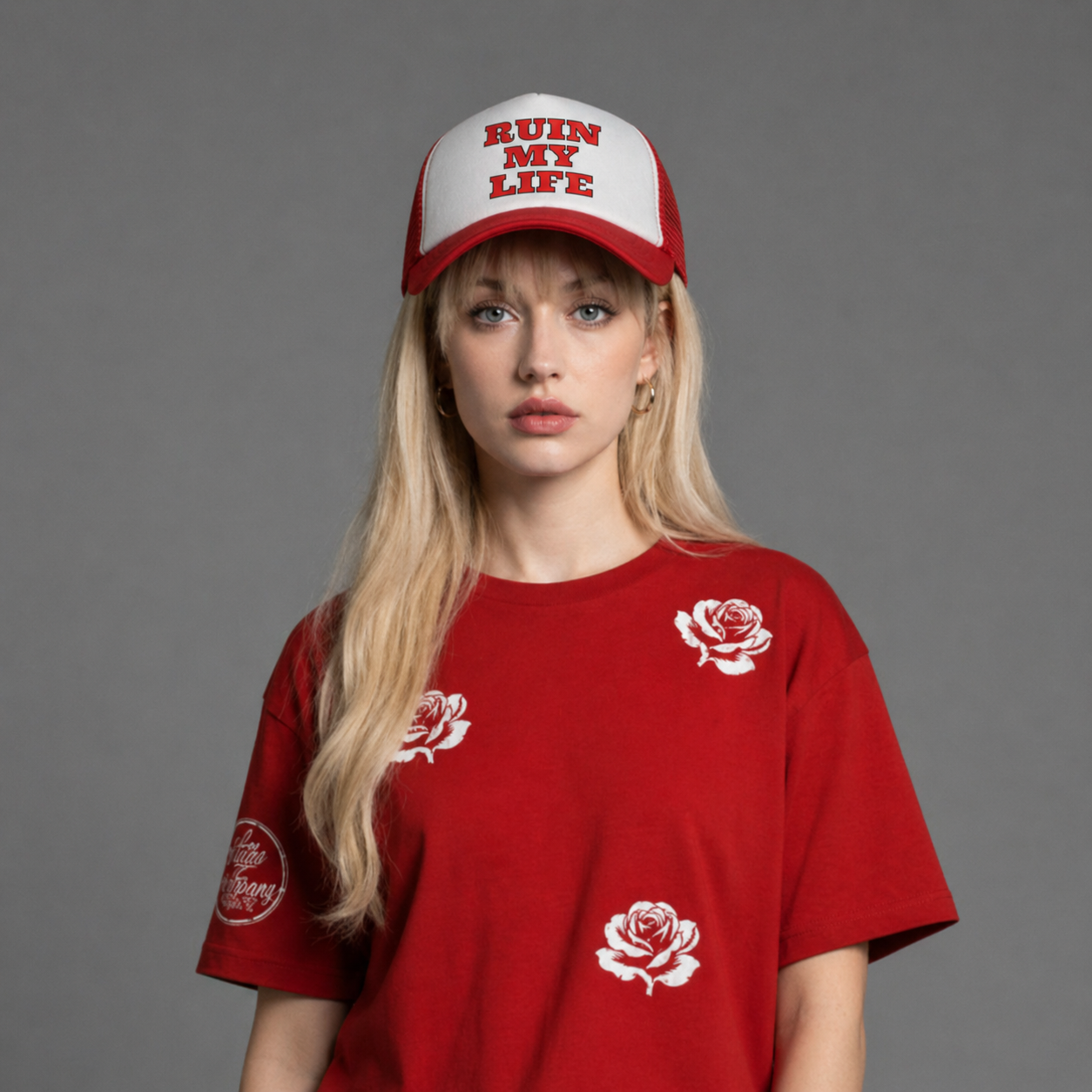 "RUIN MY LIFE" RED AND WHITE TRUCKER HAT